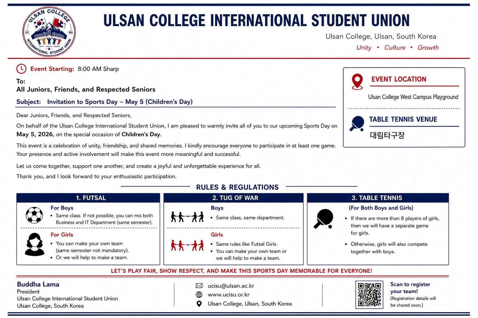 The Ulsan College International Student Union to Host Sports Day Event on May 5, 2026